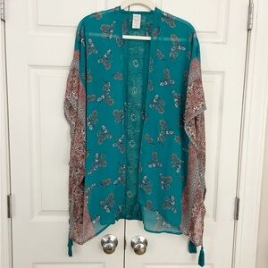 Floral Teal Kimono w/ Back Lace Panel